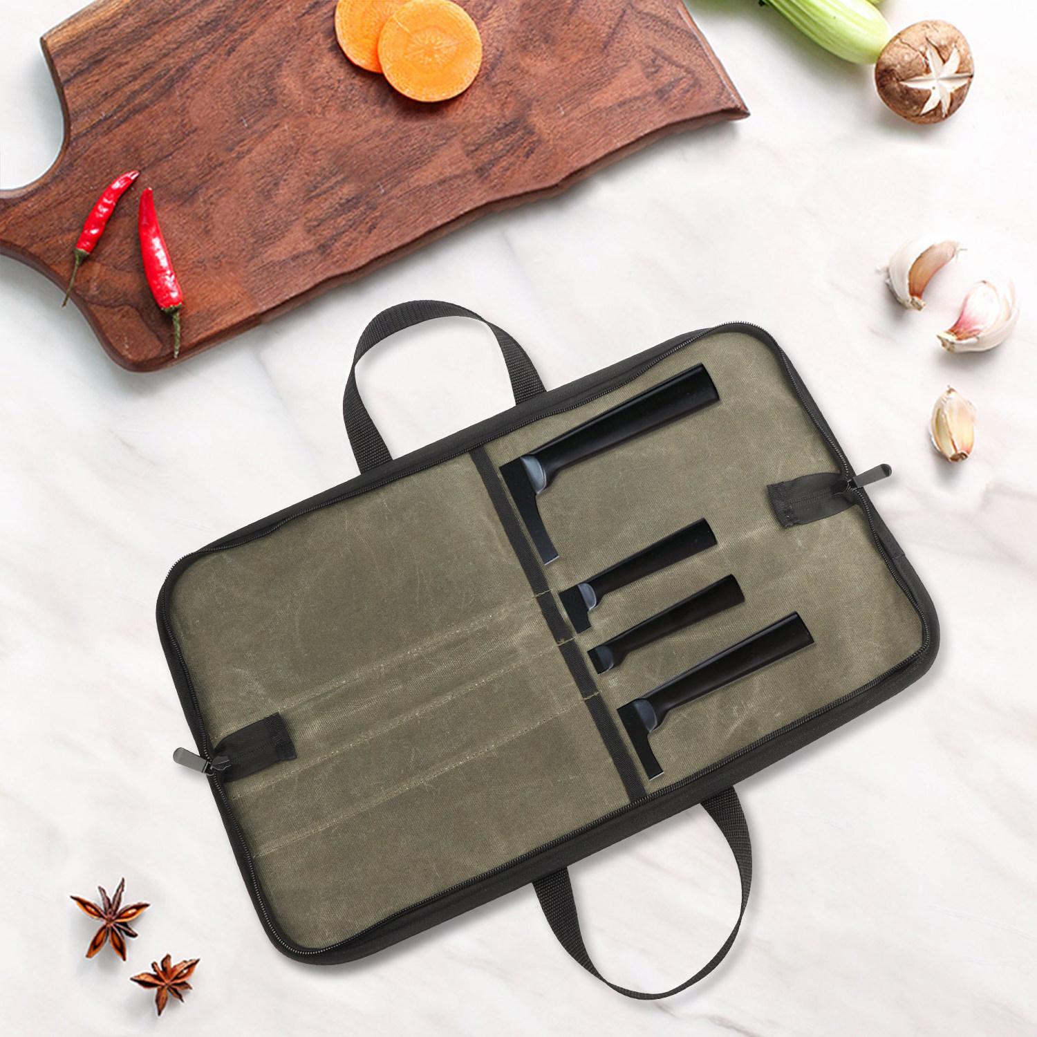 Custom Logo Canvas Material Foldable Knife Storage Case with 4 Slot Tool Bag Portable Chef Knife Bag