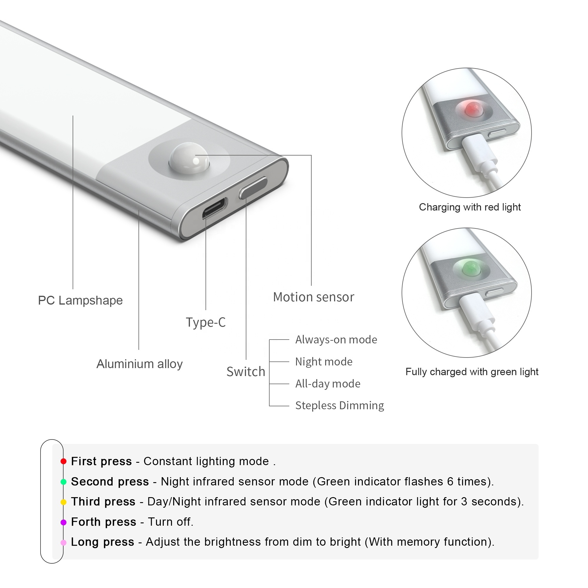 Hot Sale Modern USB Closet Light PIR Motion Under Cabinet Light Dimming Bedroom Led Light Sensor