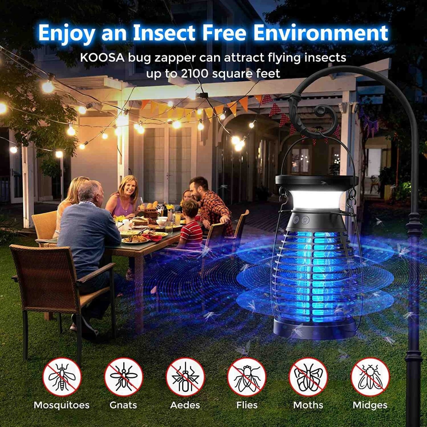 Waterproof Cordless & Rechargeable Mosquito Zapper with High Powered UV Light Outdoor Solar Bug Zapper