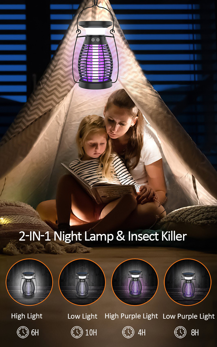 Solar & USB Rechargeable 2000mAh Outdoor Bug Zapper  Home UV Led Lantern Mosquito Killing Lamp Electronic Mosquito Killer