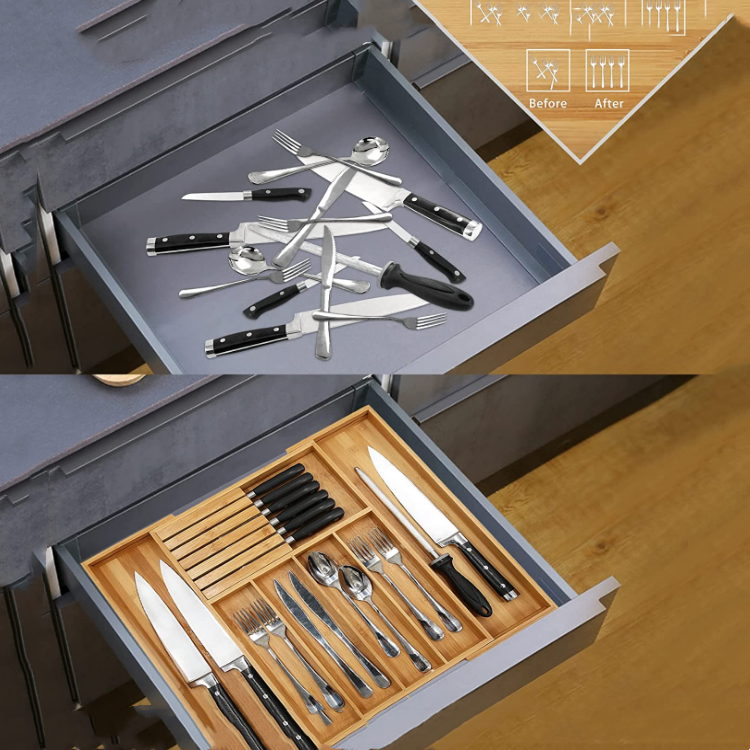 Bamboo Silverware Drawer Organizer for Utensils Holder Adjustable Cutlery Tray Wood Drawer Dividers Organizer