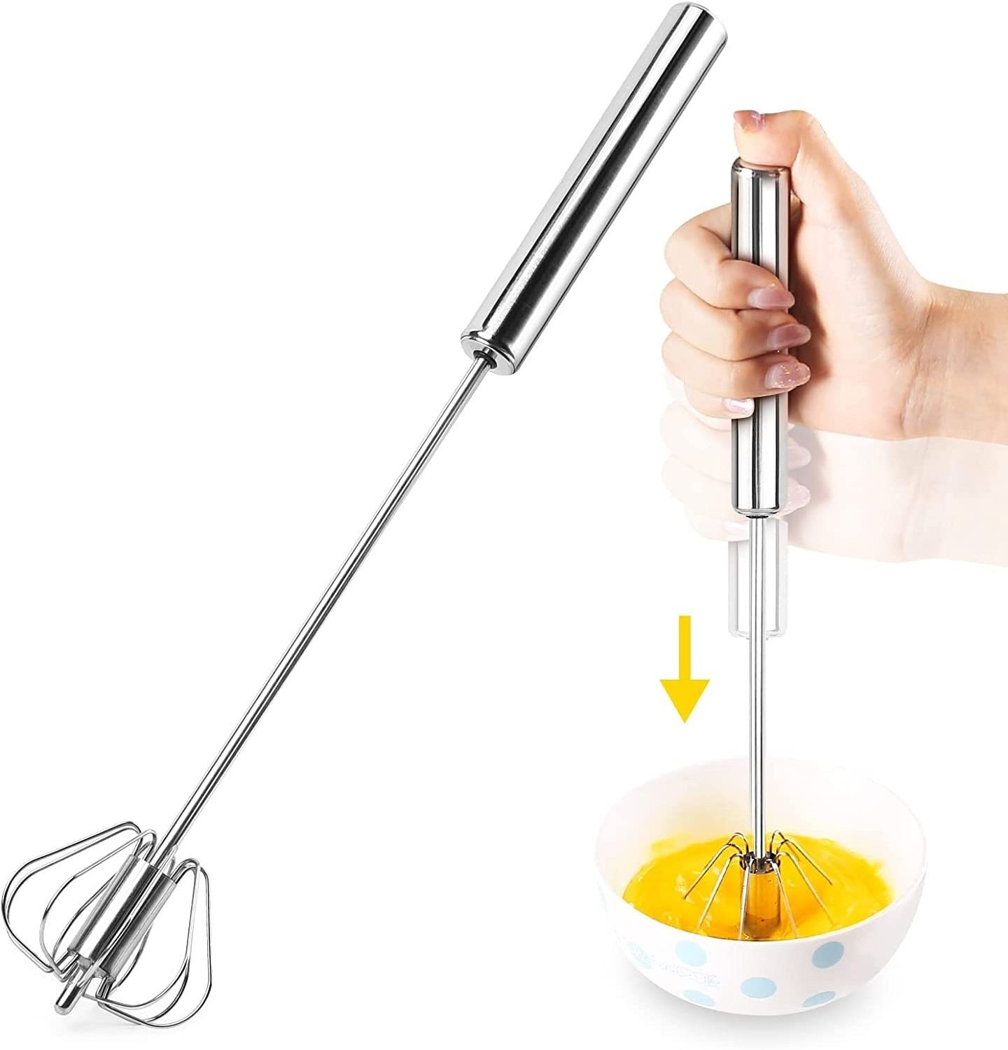 12Inch Stainless Steel Egg Beater Hand Push Rotary Whisk Blender Easy Self Stirring Whisk for Making Cream