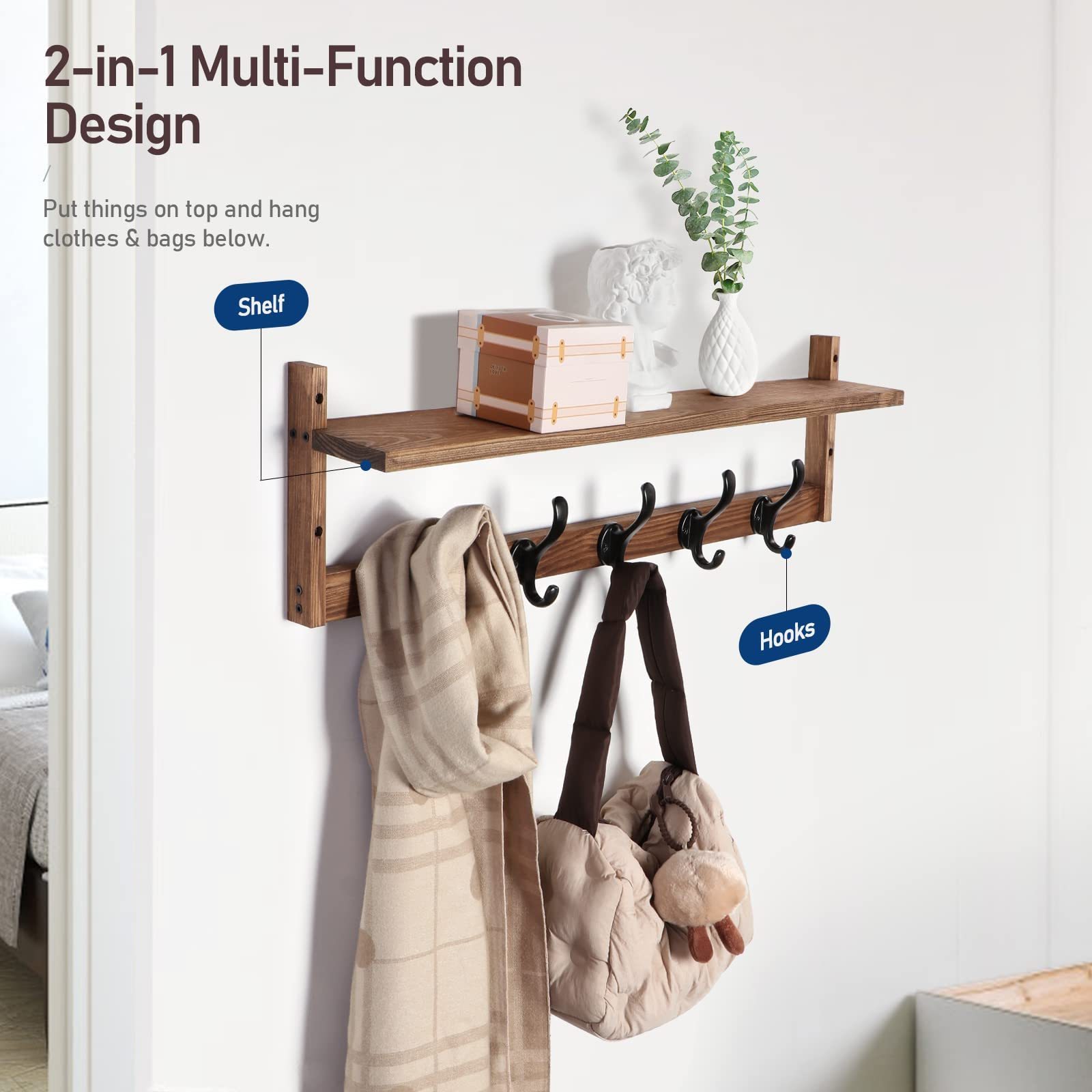 Coat Rack Wall Mount with Shelf Wood Wall Hooks with Storage Entryway Shelf with 5 Hangers for Bathroom