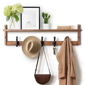 Coat Rack Wall Mount with Shelf Wood Wall Hooks with Storage Entryway Shelf with 5 Hangers for Bathroom