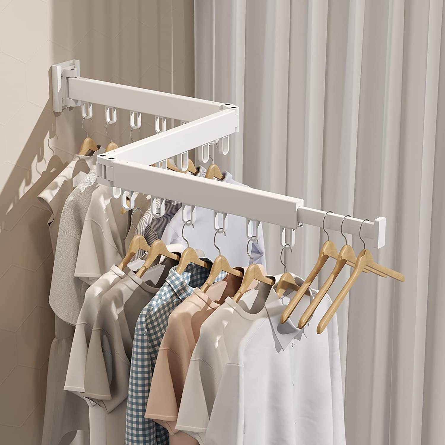 White Foldable Wall Mounted Clothes Hanger Space Saver Retractable Clothes Drying Rack