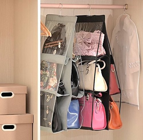 6 Larger Pockets Black Hanging Handbag Organizer Dust-Proof Storage Holder Bag Wardrobe Closet for Purse Clutch