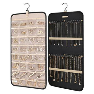 New portable hanging jewelry storage roll with hook metal hook double sided jewelry holder