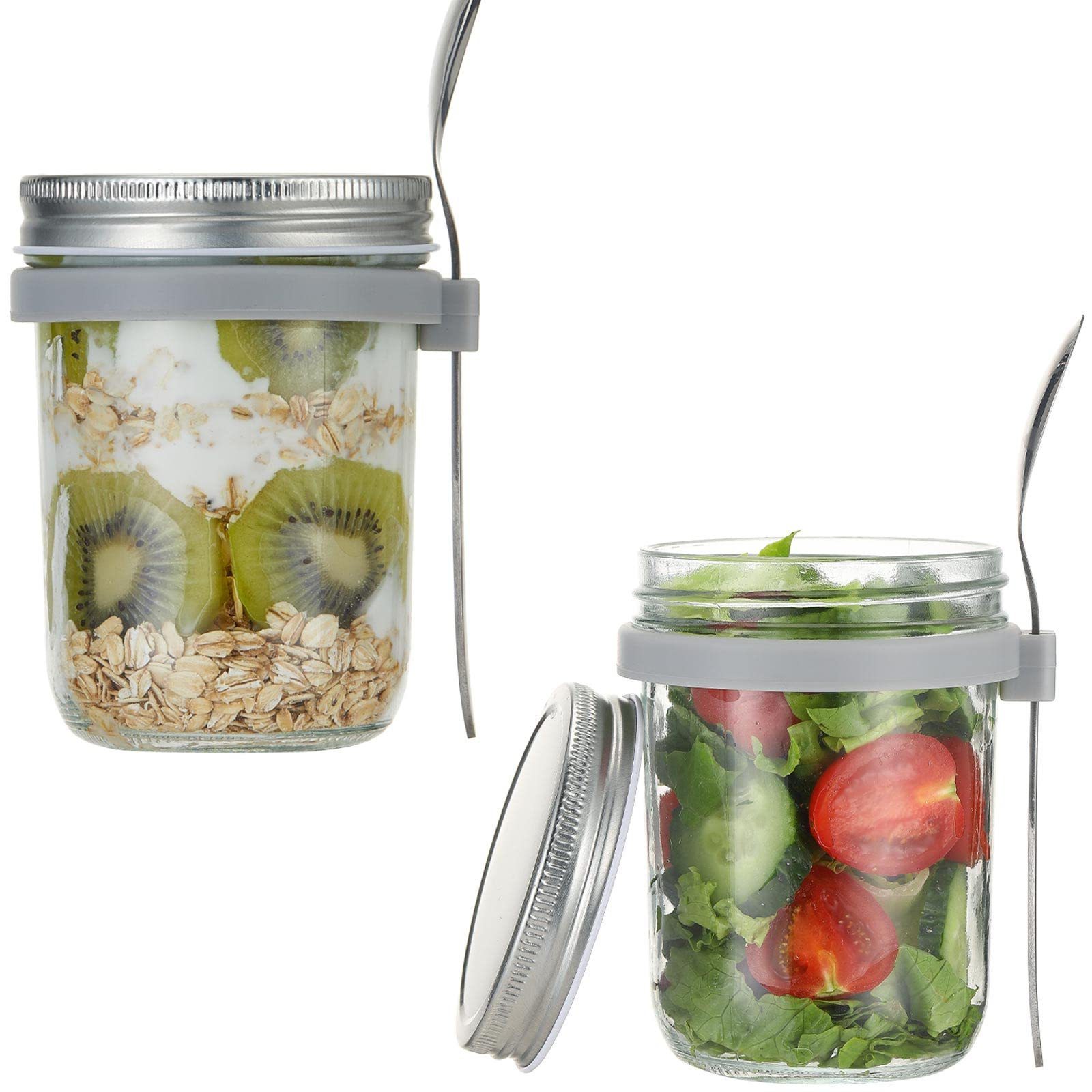 Overnight Oats Container Jars 12 Oz Oatmeal Glass for Mason Jar with Spoons Reusable Yogurt Parfait Cup