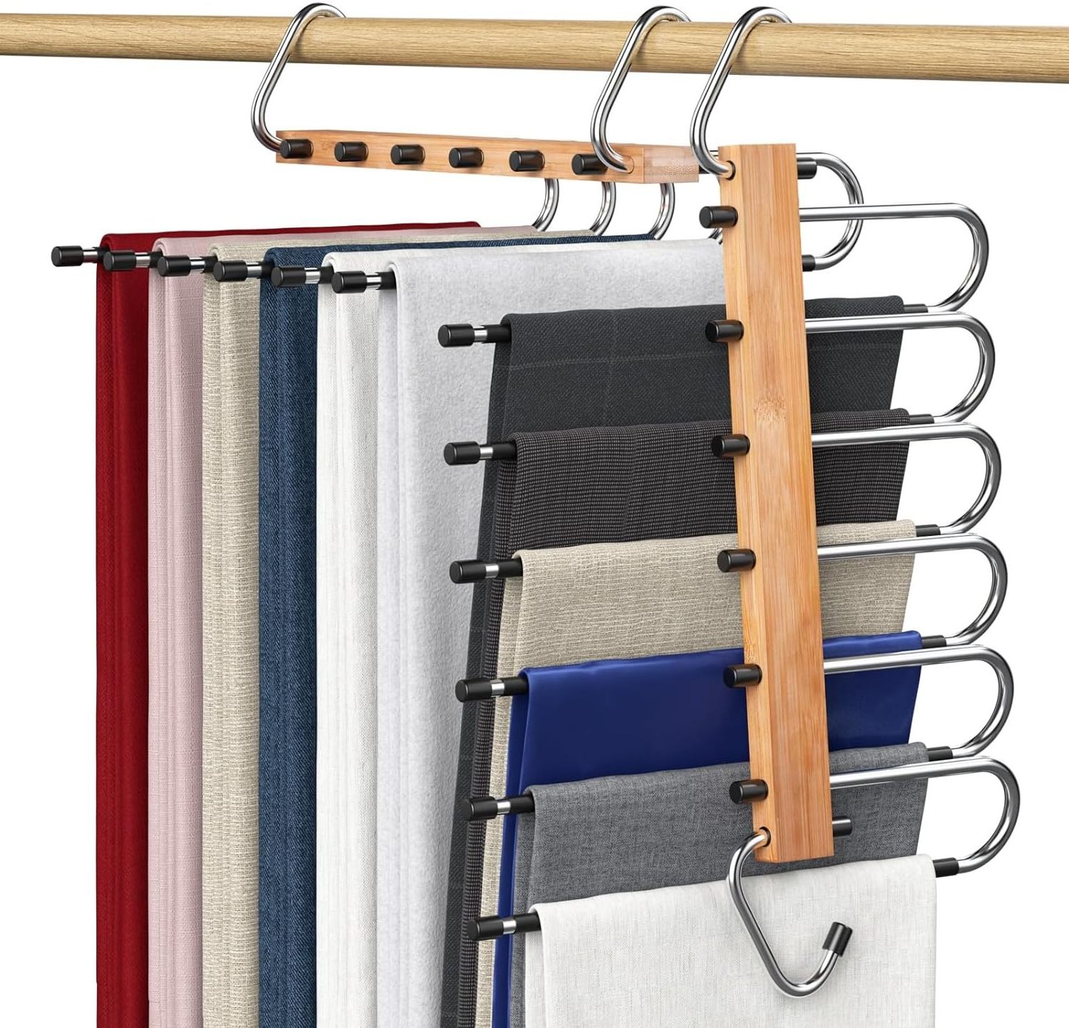 Bamboo Magic Pants Hangers Space Saving Uses Rack Organizer 6 Layers Multi Functional Closet Pants Pants Organizer Hangers