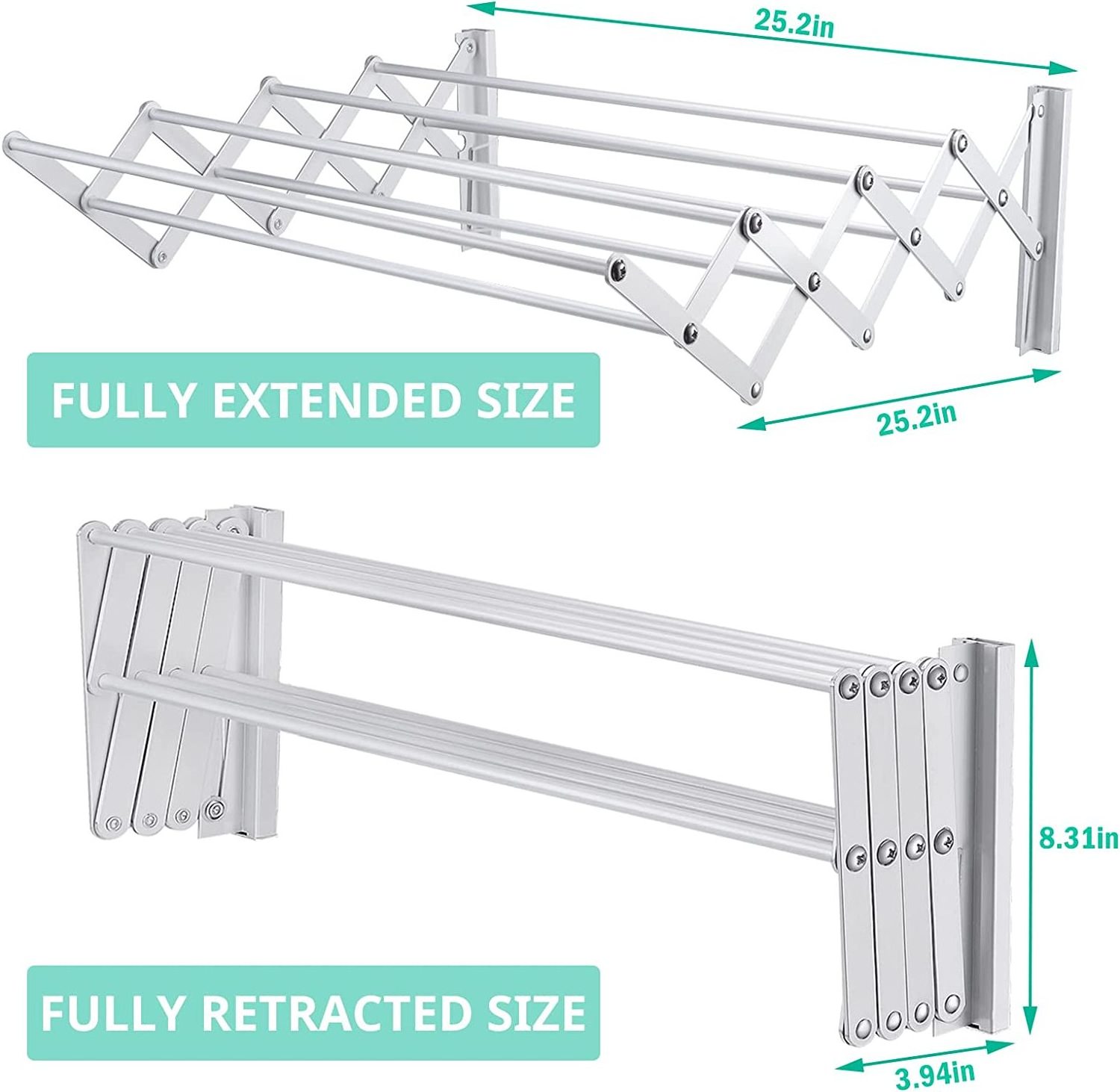 Space-Saving Aluminium Alloys Wall Mount Clothes Drying Rack Rustproof Accordion Retractable Folding Drying Rack for Laundry