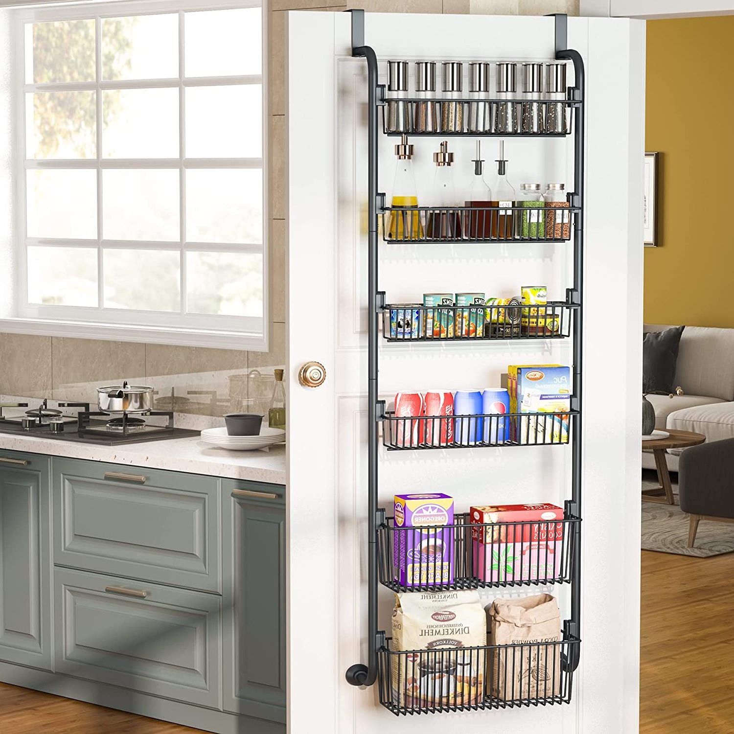 6-Tier Pantry Door Organizer Spice Rack Metal Hanging Wall Mounted Kitchen Storage Over the Door Pantry Organizer