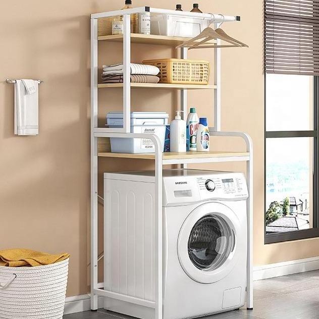 3-Tier Laundry Room Shelf Over The Washing Machine Storage Rack Bathroom Organizer with Clothes Hanging Rod