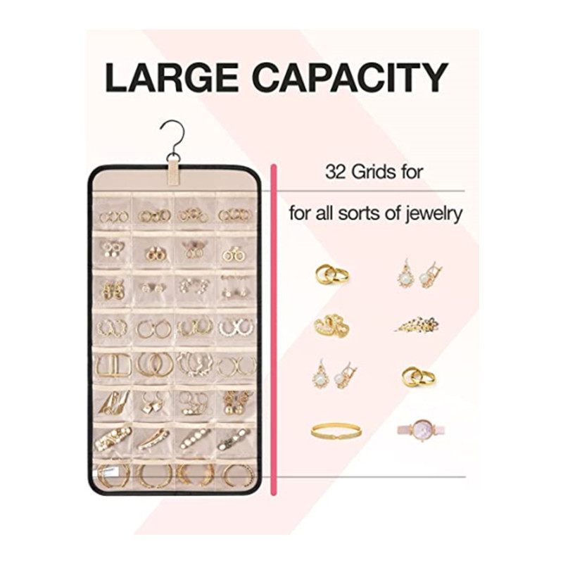 New portable hanging jewelry storage roll with hook metal hook double sided jewelry holder