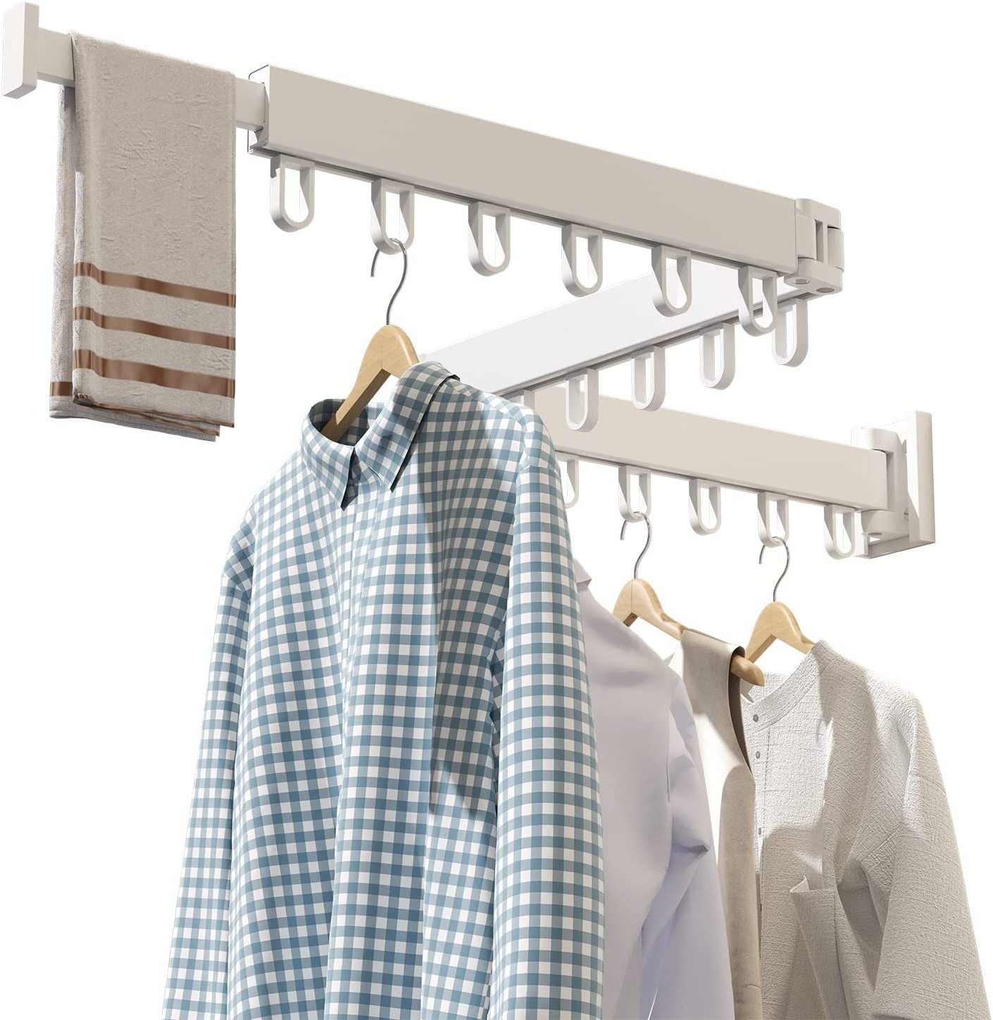 White Foldable Wall Mounted Clothes Hanger Space Saver Retractable Clothes Drying Rack