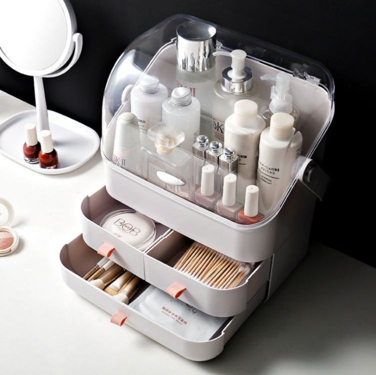 2024 Hot Sale Nordic Glass Cosmetic Suitcase Storage Plastic Drawer Cosmetic Storage Box Dustproof Makeup Organizer