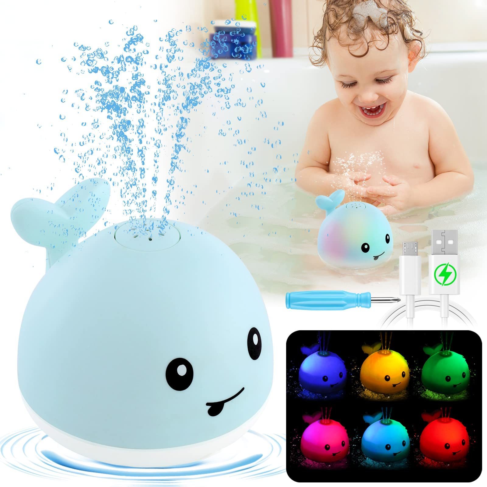 New Whale Bathroom Swimming Pool Bathing Glow Sprinkler Boys and Girls Baby Shower Toys