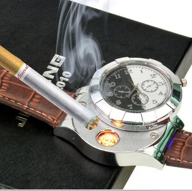 Fashion Rechargeable USB Lighter Electronic Watches / Men's Casual Quartz Wristwatches Windproof Flameless Cigarette Lighter