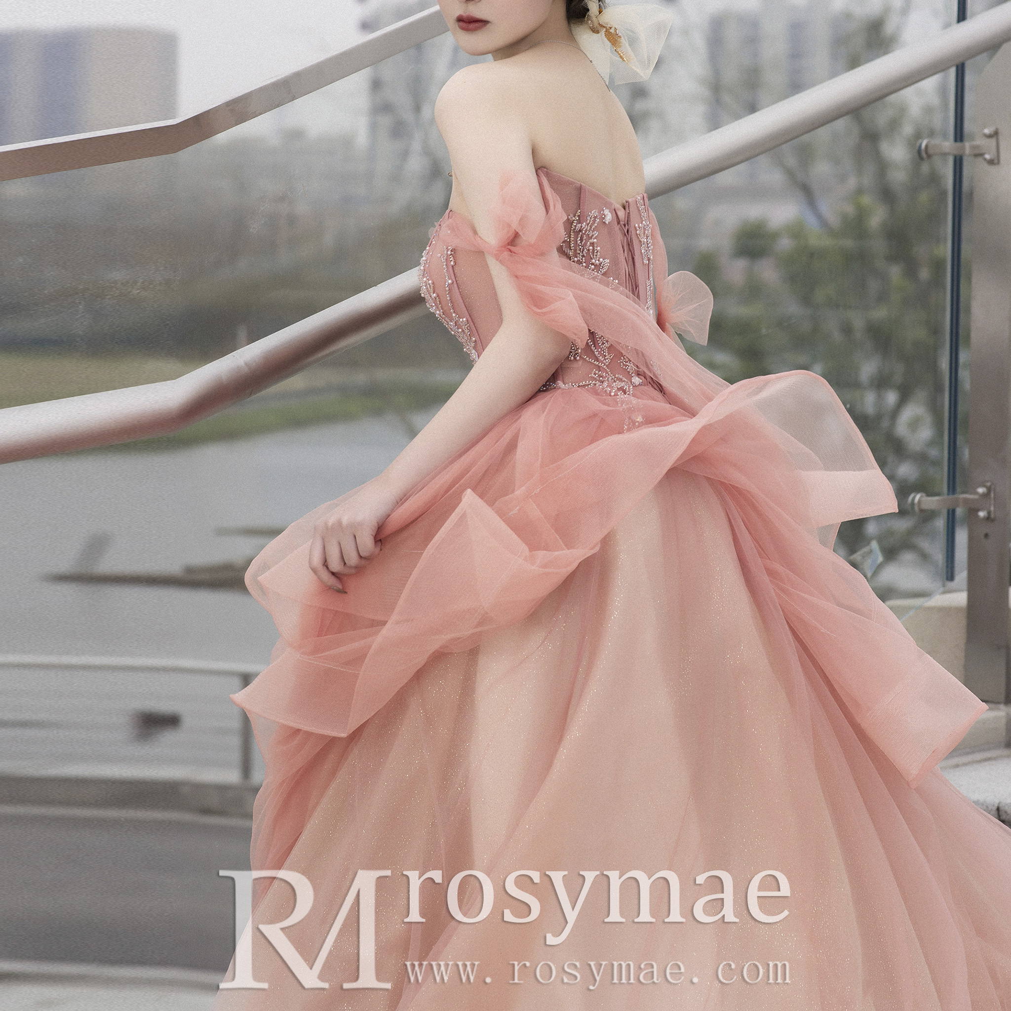 fashion and elegant gradual change color formal evening prom gown a line peach party dresses