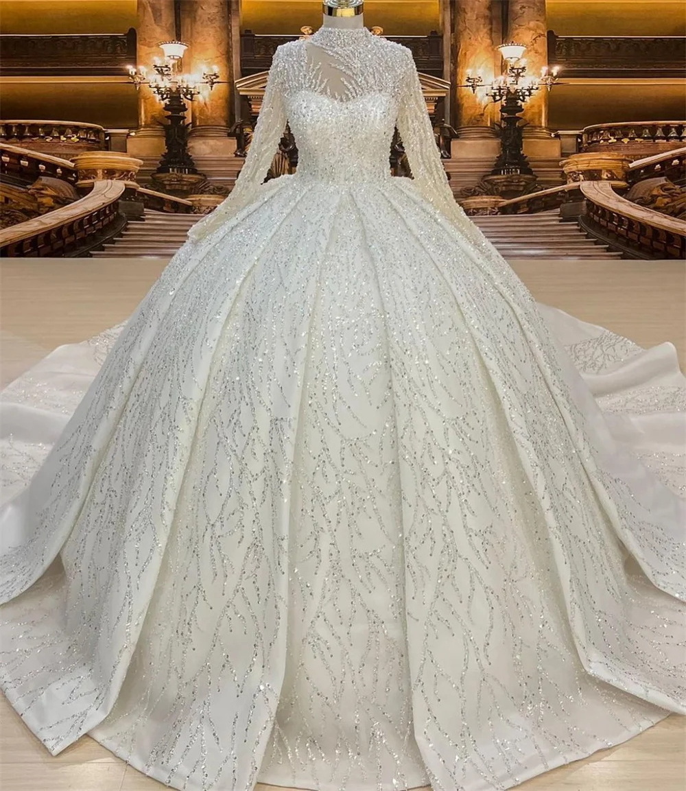 Luxury Sparky Appliques Plus Size Ball Gown Wedding Dresses Bridal Dresses Istanbul Beaded Bride Wedding Gowns