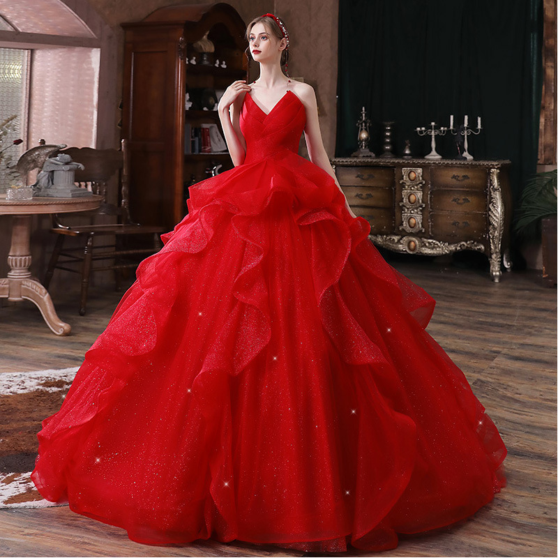 Corset Wedding Gown for Bride Civil White Ruffle Bridal Wedding Dresses Trending V Neck Pleated Red Tulle Ball Gown Modern 1 Pcs