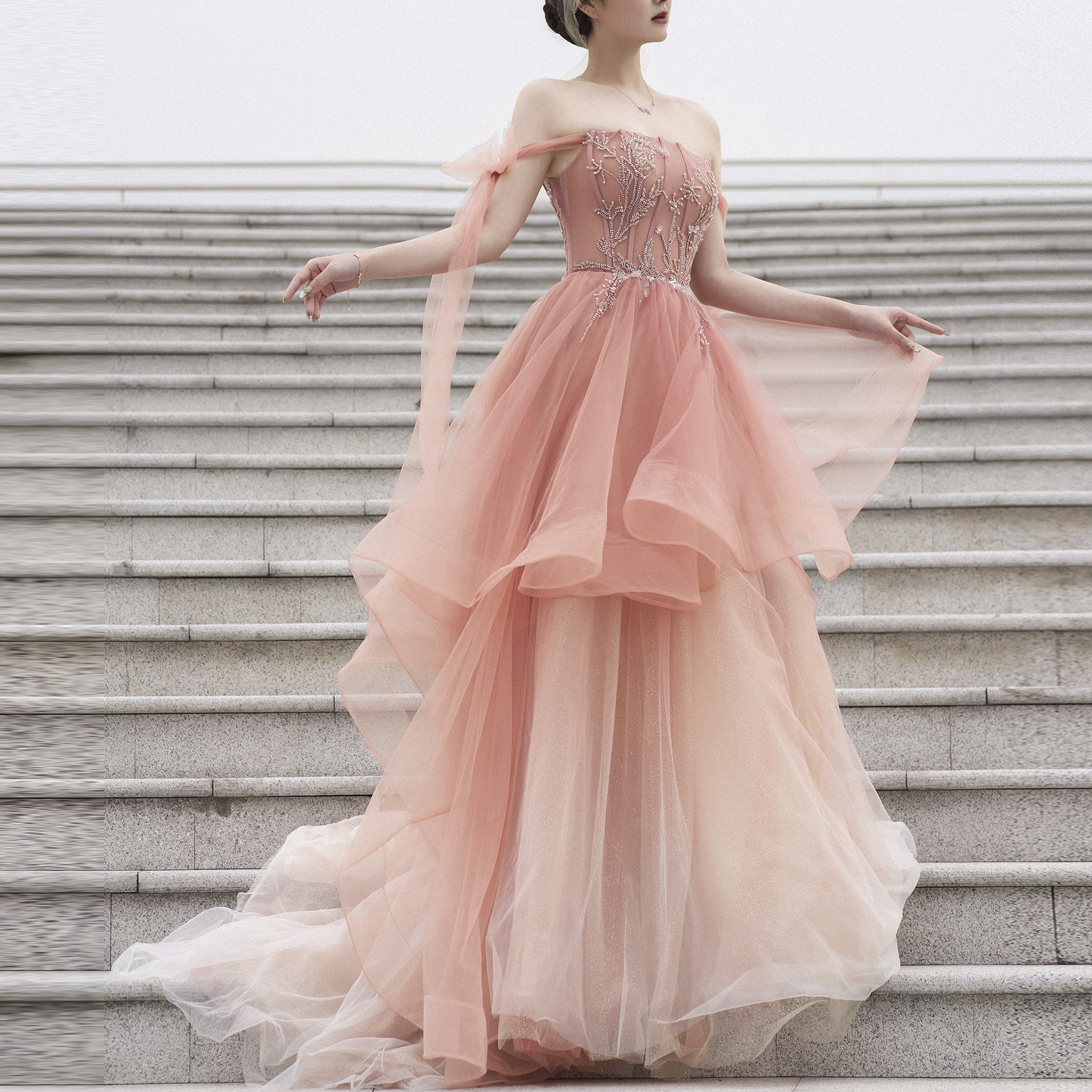 fashion and elegant gradual change color formal evening prom gown a line peach party dresses