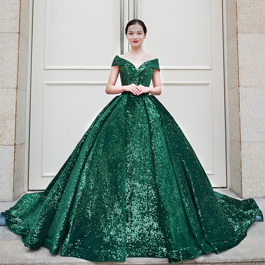 Princess Sweetheart Sequin Lace Ball Gown Red/Green Graduation Dresses Off Shoulder Quinceanera Dresses