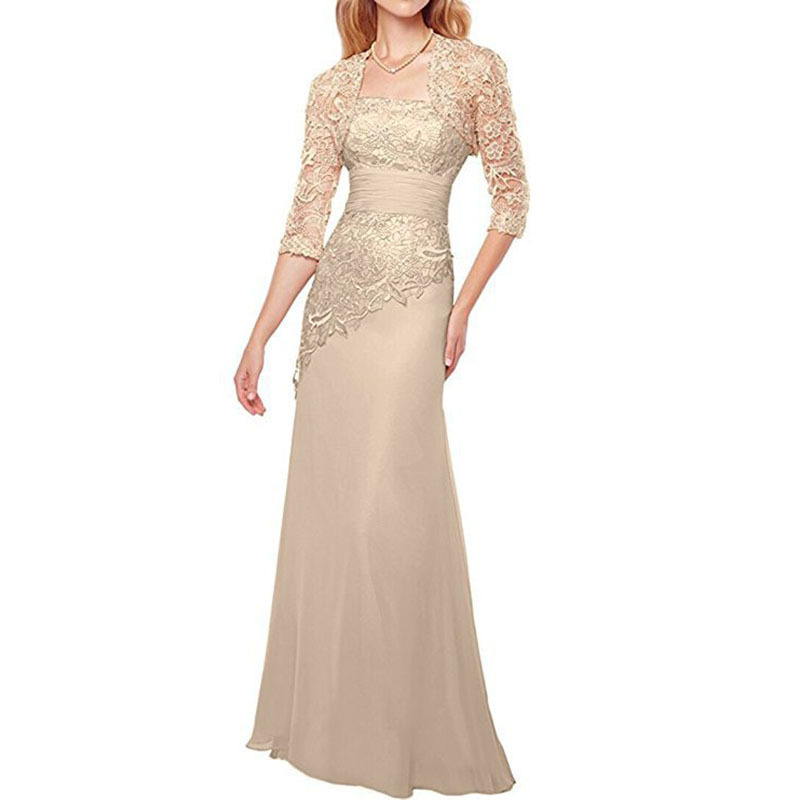 Chic Three Quarter Sleeve bolero Women's Wedding Party Dress Lace sheath floor length Mother Of The Bride Dress