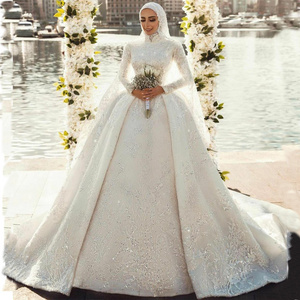 Luxury Lace Long Sleeve Muslim Wedding Gown for Arabic Princess High Neck Hijab Bride Wedding Dresses