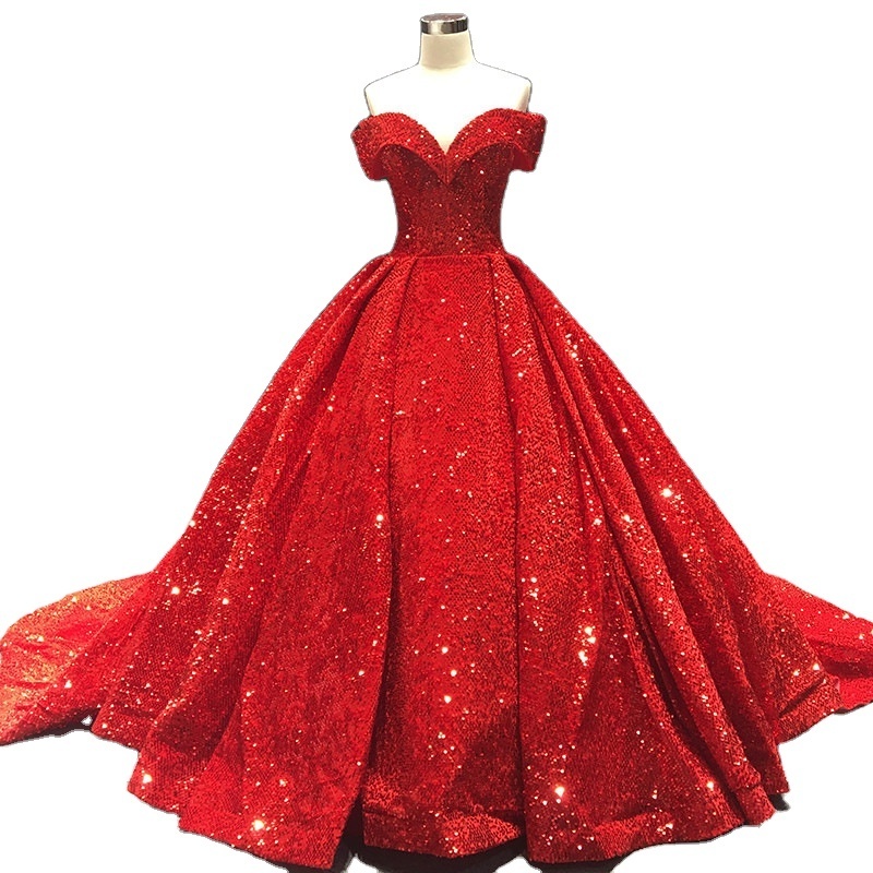 Princess Sweetheart Sequin Lace Ball Gown Red/Green Graduation Dresses Off Shoulder Quinceanera Dresses