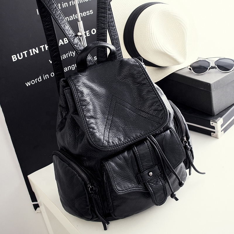 MIYIN New Korean of Shoulder Bag fashionable knapsack women's College Simple Recreational Water Wash PU Leather Pumping Backpack