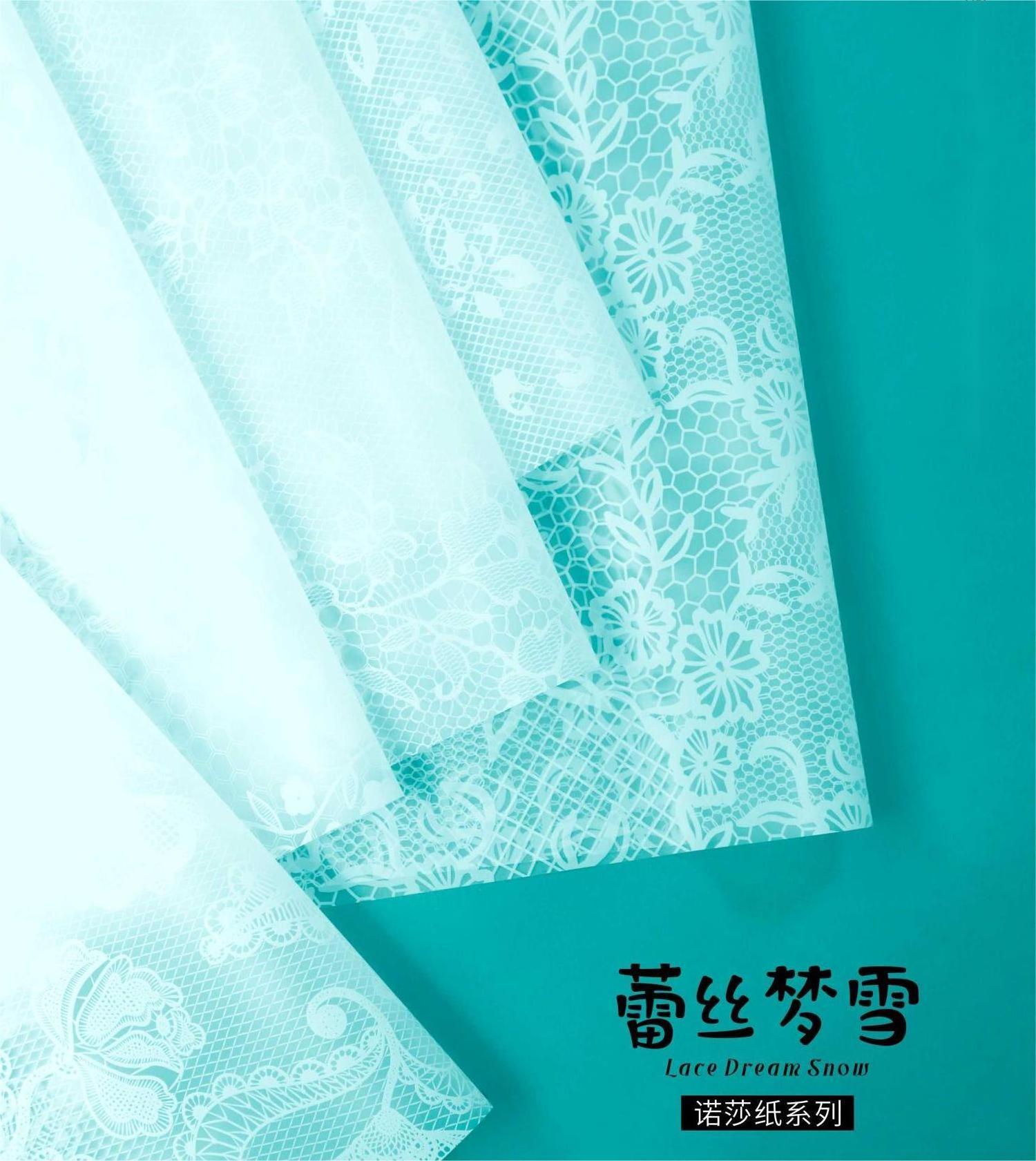 New Design 58*58cm White Lace Dream Snow Pattern Printed OPP Plastic Flower Wrapping Paper for Florist