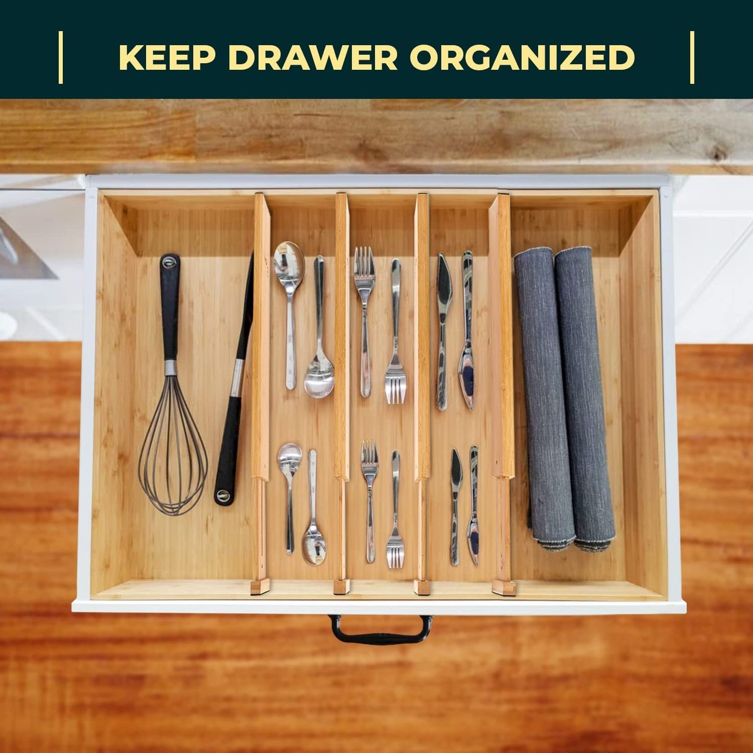 Adjustable Bamboo Drawer Dividers Organizers Expandable Drawer Organization Separators for Kitchen Clothes Bedroom 4-Pack