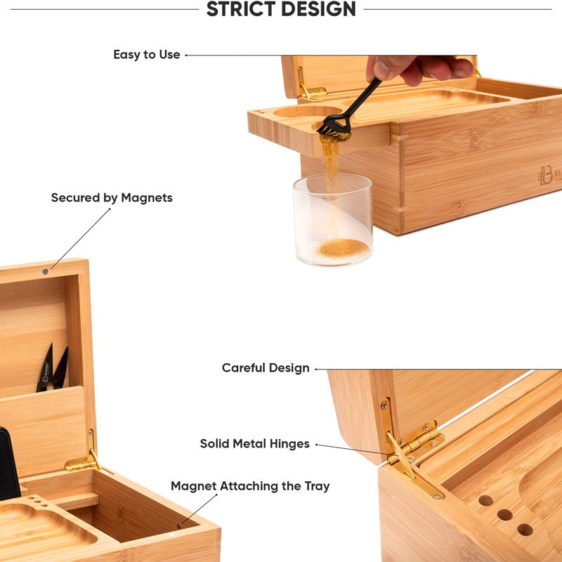 Factory Large Size Bamboo Storage Boxes Classic And Neat Design Stash Box With Glass Jar& grinder For Smoking Accessories