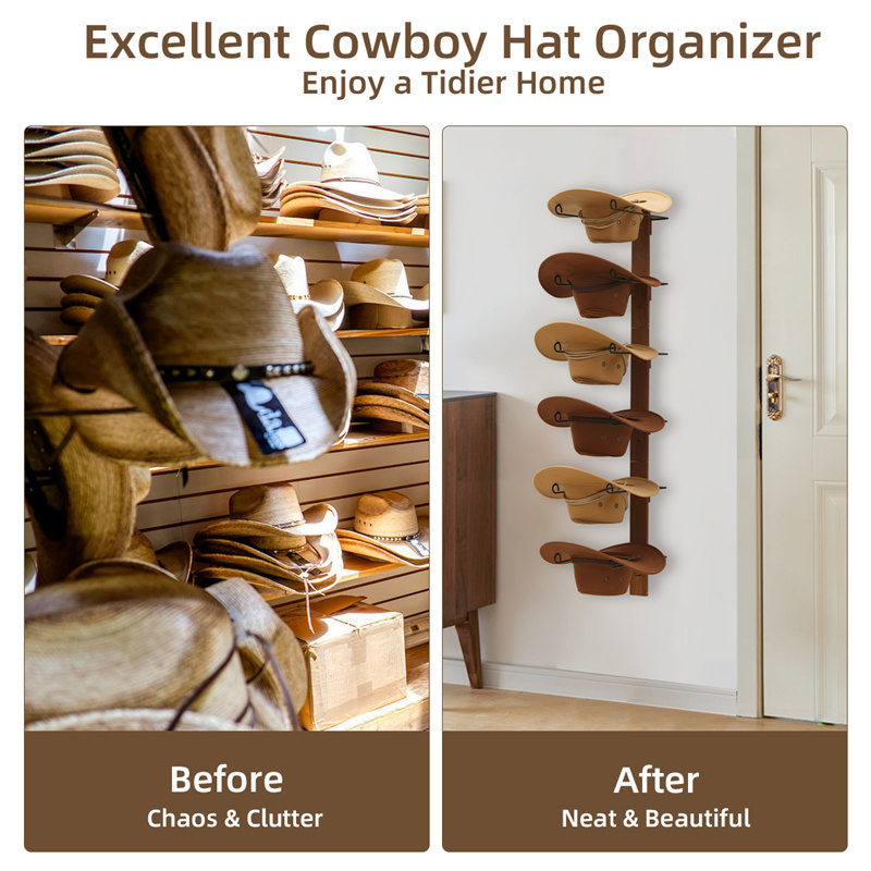 Cowboy Hat Rack for Wall 6 Pieces Cowboy Hat Holder with 3 Wooden Board and Folding Wall Hooks Black Metal Hat Rack Organizer