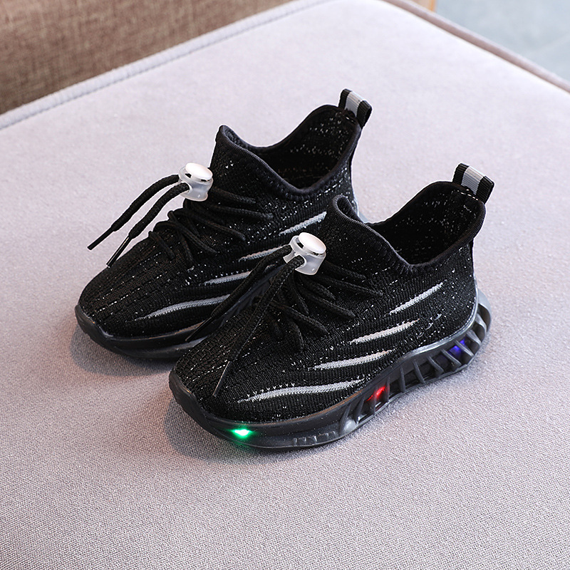 Children's new LED bright light flying woven sneakers boys breathable comfortable soft soled casual shoes