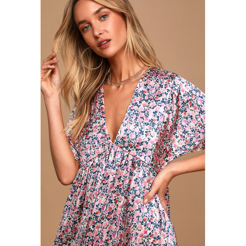 Blush Pink Floral Dress Satin Floral Print Satin Babydoll Mini Dress