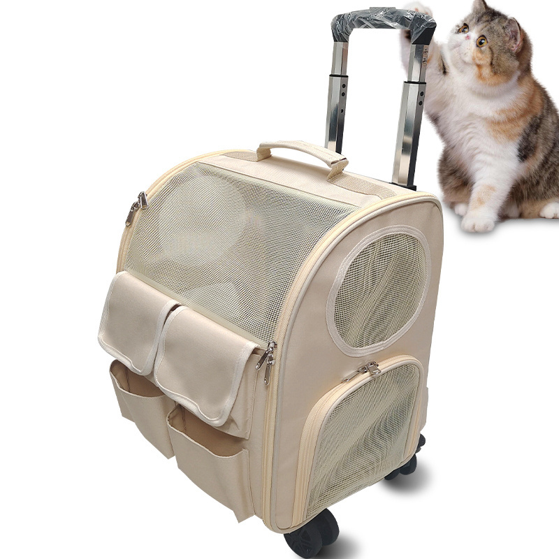 Pet Carriers Pet Pull Rod Bag Portable Transparent breathable mesh Double Shoulder Dog Cat travel Carrier Bag Trolley