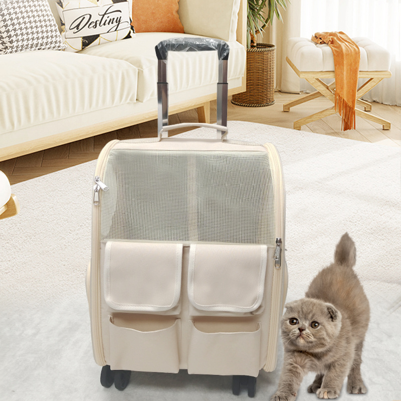 Pet Carriers Pet Pull Rod Bag Portable Transparent breathable mesh Double Shoulder Dog Cat travel Carrier Bag Trolley