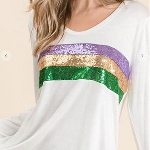 2020 wholesale Fashion Casual Mardi Gras Long Sleeve Three Stripe Sequin Women T shirt