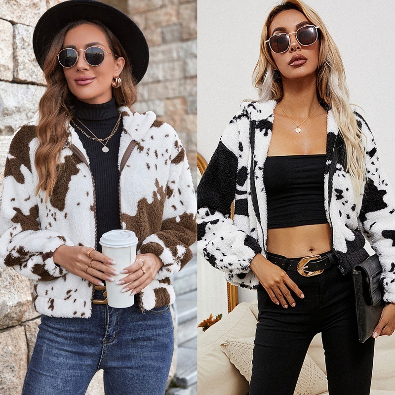 Wholesales Apparel Custom Women Cow Print Sherpa Fleece Jacket With Hooded For Women