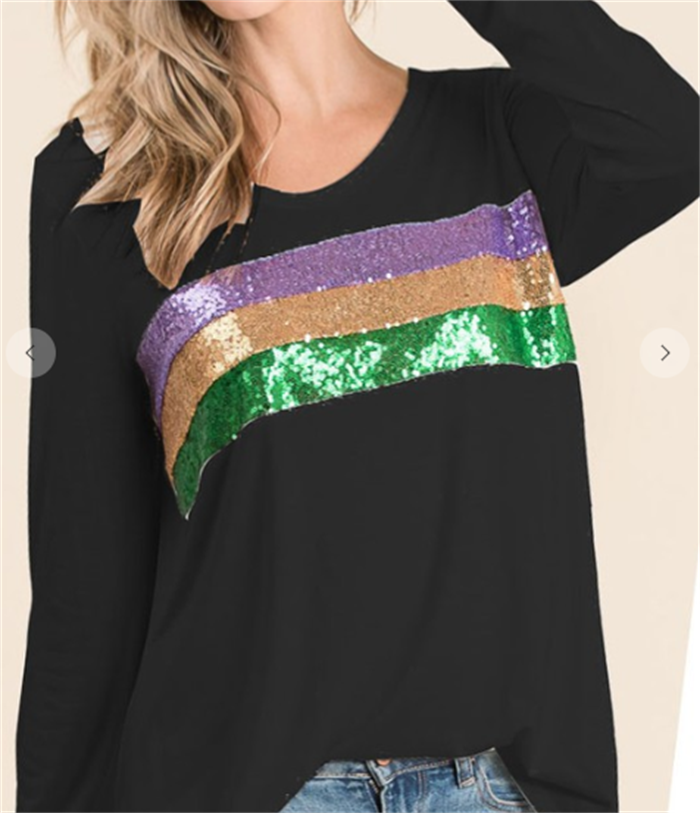 2020 wholesale Fashion Casual Mardi Gras Long Sleeve Three Stripe Sequin Women T shirt