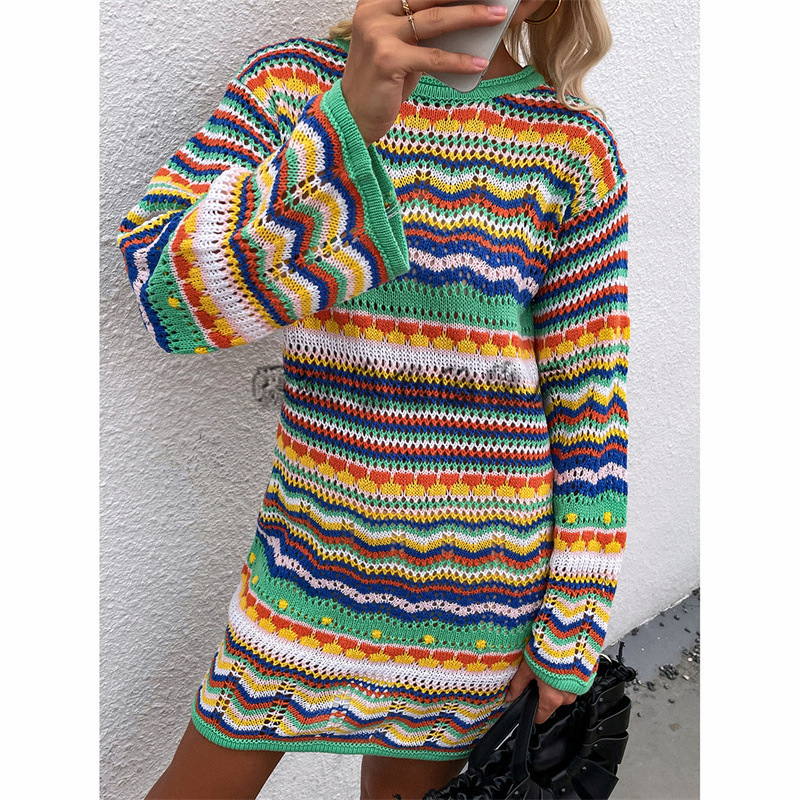 Crochet Rainbow Maxi Streetwear Sweater Knit Top Long Sleeve Boho Beach Dress Women