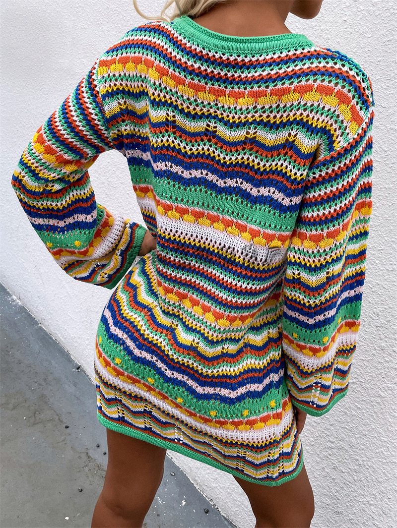 Crochet Rainbow Maxi Streetwear Sweater Knit Top Long Sleeve Boho Beach Dress Women