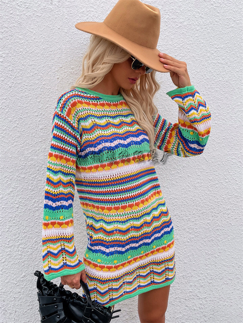 Crochet Rainbow Maxi Streetwear Sweater Knit Top Long Sleeve Boho Beach Dress Women