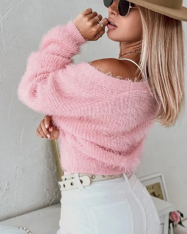 women pink crop mohair Fuzzy Bowknot Pattern Knit Sweater Cardigan jacket for women