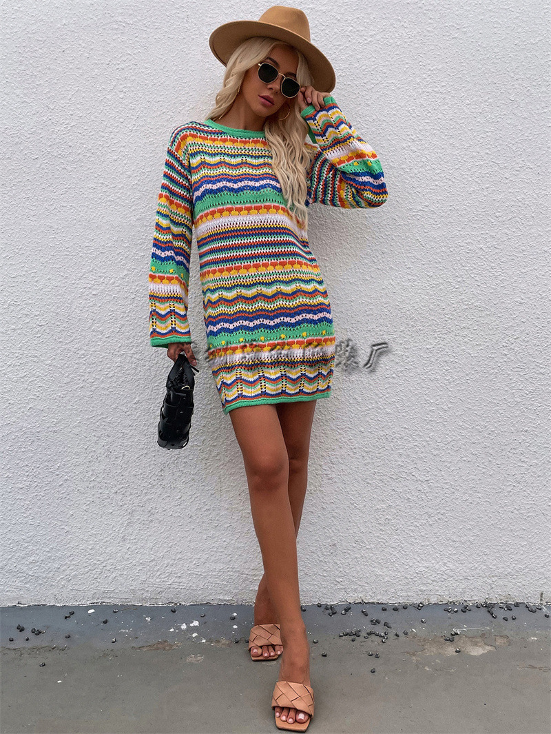 Crochet Rainbow Maxi Streetwear Sweater Knit Top Long Sleeve Boho Beach Dress Women