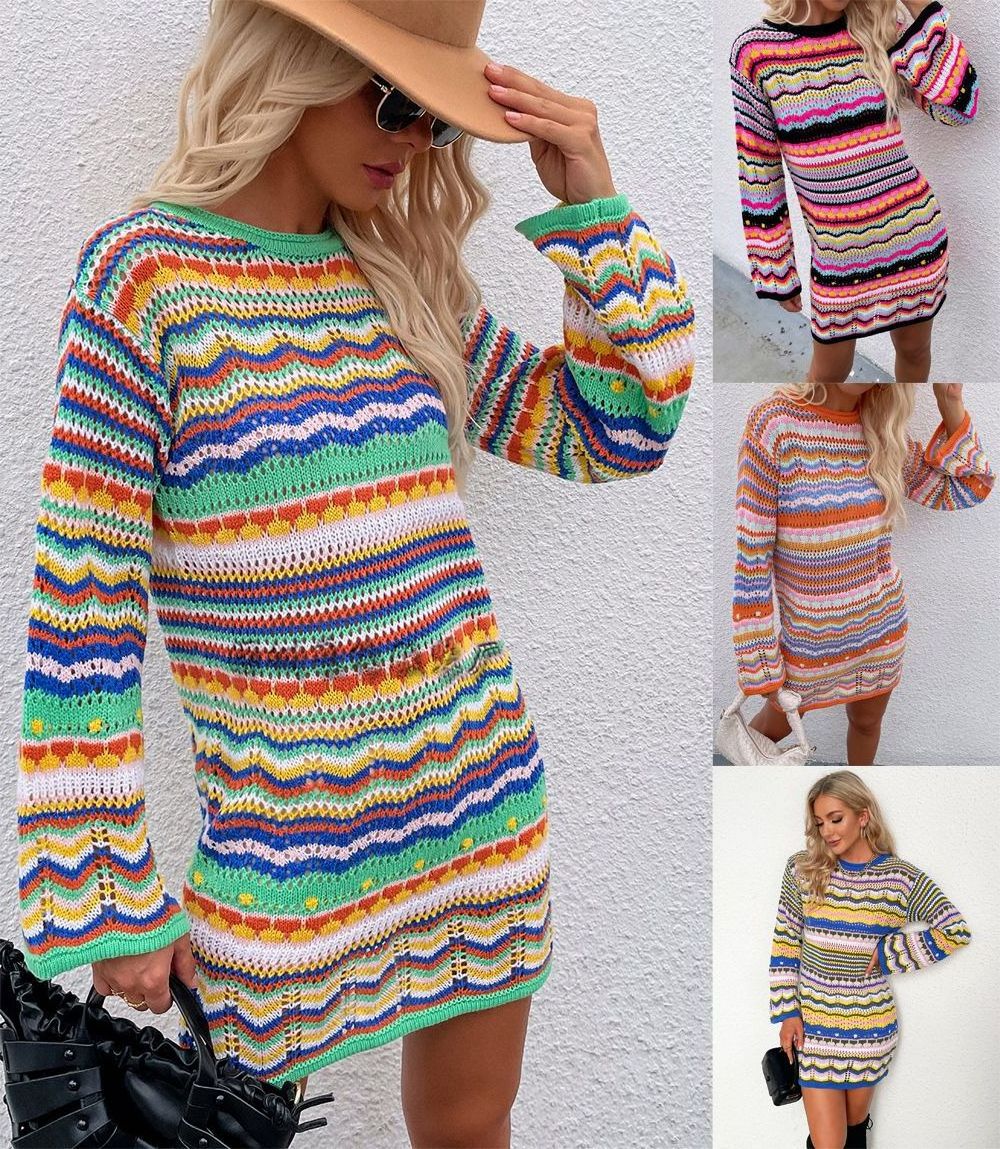 Crochet Rainbow Maxi Streetwear Sweater Knit Top Long Sleeve Boho Beach Dress Women