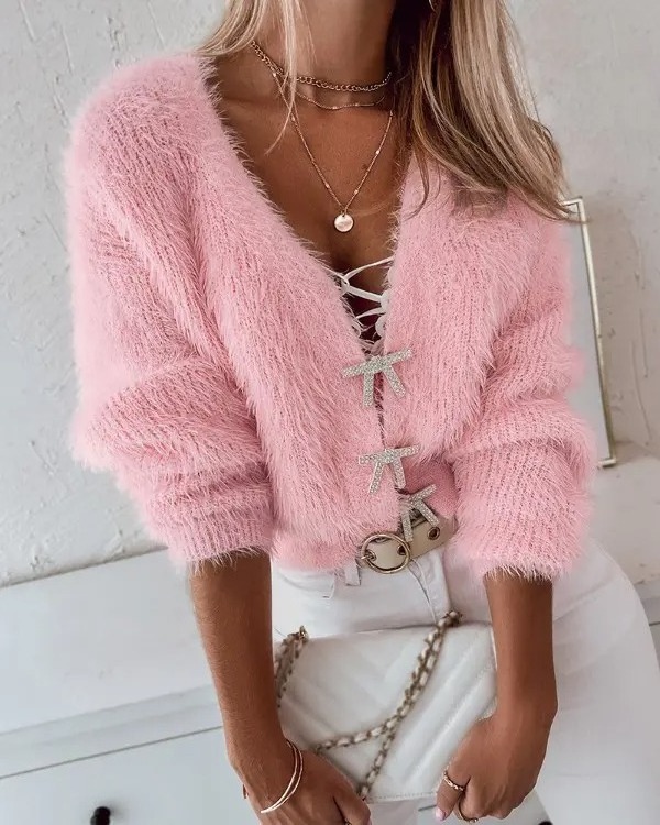 women pink crop mohair Fuzzy Bowknot Pattern Knit Sweater Cardigan jacket for women