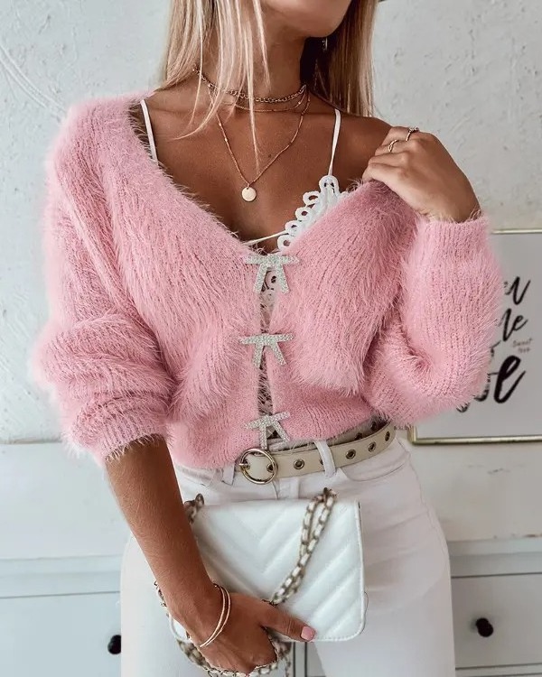 women pink crop mohair Fuzzy Bowknot Pattern Knit Sweater Cardigan jacket for women