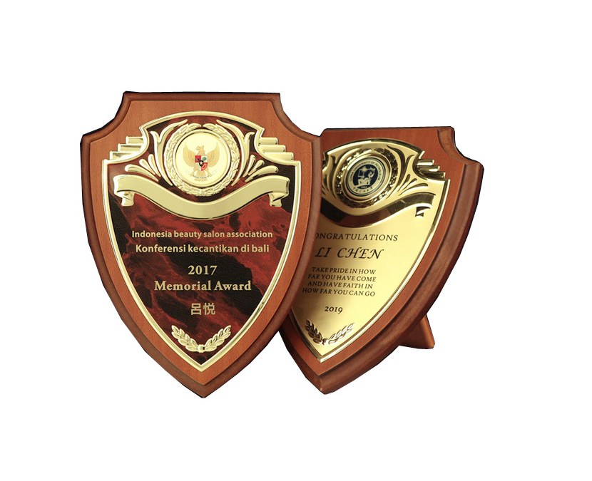 Custom high quality blank wooden shield plaque metal plate  Military Shield Wooden Stand Award Trophy Plaque